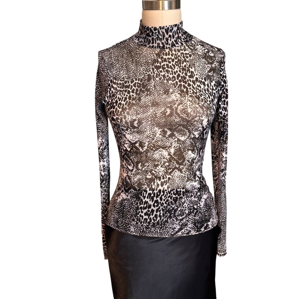 AFRM Mock Neck Top Womens S Black White Excellent Animal Print Mesh Thumbhole